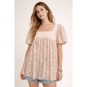 Free People Top M Blush‎ Lace Babydoll Tunic Puff Sleeve Boho Romantic Whimsy
